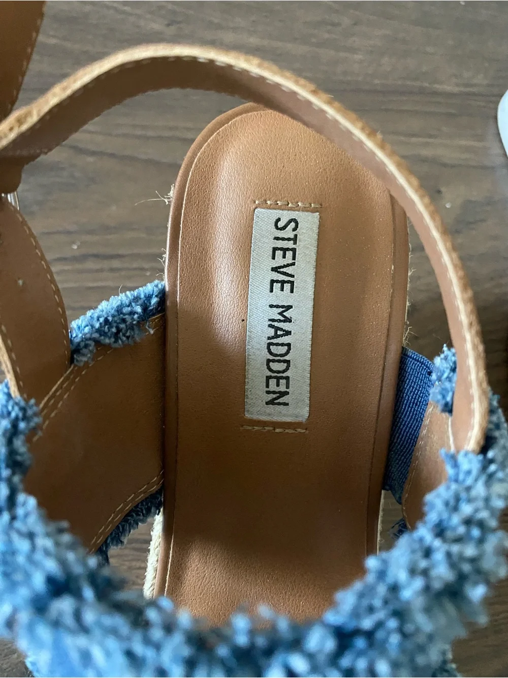 Steve Madden Tan Leather and Blue Denim Espadrille Wedge Sandals